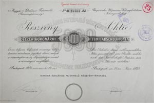 Magyar Általános Fatermelő Részvénytársaság részvény 5000 korona 1920