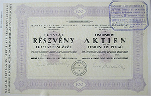 Magyar Általános Gyufaipari Részvénytársaság 100x100 pengő 1940