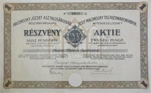 Malomsoky József Asztalosárugyár Részvénytársaság részvény 20 pengő 1926