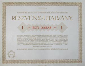Malomsoky József Asztalosárugyár Részvénytársasá részvényutalvány 200 korona 1920