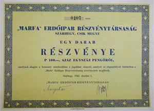 Marfa Erdőipar Részvénytársaság részvény 100 pengő 1942 Szárhegy