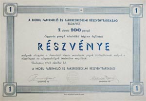 Mobil Fatermel s Fakereskedelmi Rszvnytrsasg rszvny 100 peng 1943