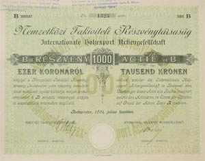Nemzetközi Fakiviteli Részvénytársaság részvény 1000 korona 1904