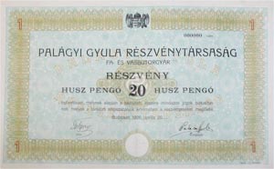 Palágyi Gyula Részvénytársaság Fa- és Vasbútorgyár részvény 20 pengő 1926