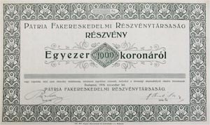 Pátria Fakereskedelmi Részvénytársaság részvény 1000 korona 1916