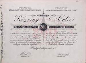 Polke-fle Szabadalmazott Hordk Gyra Rszvnytrsasg rszvny 200 korona 1896