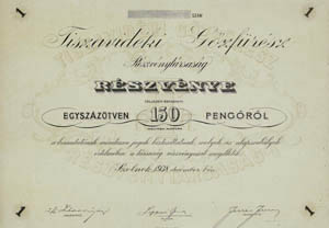 Tiszavidéki Gőzfűrész Részvénytársaság részvény 150 pengő 1938 Szeged