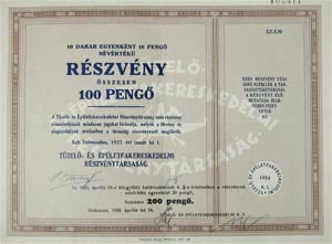 Tüzelő- és Épületfakereskedelmi Részvénytársaság részvény 10x10 100 pengő 1927 Debrecen