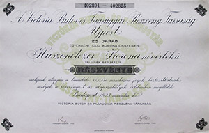 Victoria B&uacute;tor &eacute;s Fa&aacute;rugy&aacute;r R&eacute;szv&eacute;nyt&aacute;rsas&aacute;g r&eacute;szv&eacute;ny 25x1000 korona 1923 jpest
