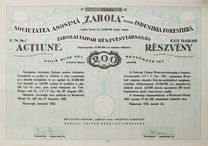 Zabolai Faipari Részvénytársaság részvény 200 lei 1922
