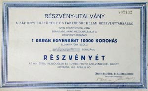 Záhonyi Gőzfűrész és Fakereskedelmi Részvénytársaság részvény-utalvány 10000 korona 1923 Kisvárda