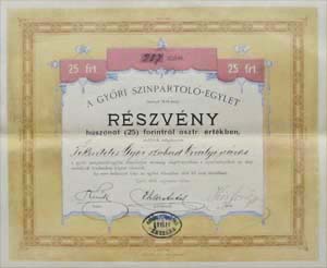 Győri Színpártoló-Egylet részvény 25 forint 1878 Győr