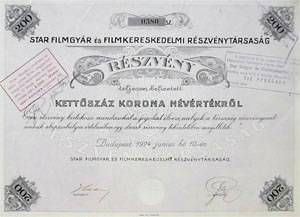 Star Filmgyár és Filmkereskedelmi Részvénytársaság részvény 200 korona 1924
