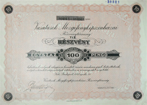 Vasutasok Mozgófényképszínházi Részvénytársaság részvény 10x10 100 pengő 1926
