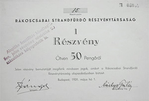 Rákoscsabai Strandfürdő Részvénytársaság 50 pengő 1931