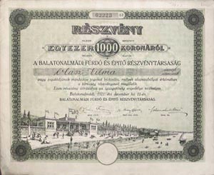 Balatonalmádi Fürdő és Építő Részvénytársaság részvény 1000 korona 1921