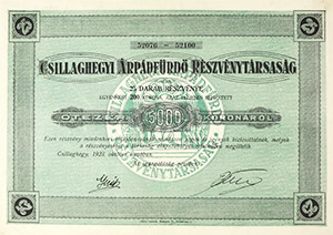 Csillaghegyi Árpádfürdő Részvénytársaság részvény 25x200 5000 korona 1923