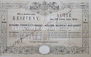 Első Magyar Általános Gyógyintézeti-Társulat részvény 200 forint 1869