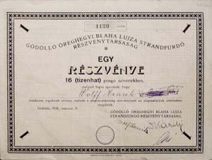 Gödöllő Öreghegyi Blaha Lujza Strandfürdő Részvénytársaság részvény 16 pengő 1928