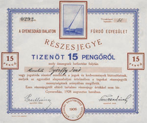 Gyenesdiási Balaton Fürdő Egyesület részjegy 15 pengő 1928
