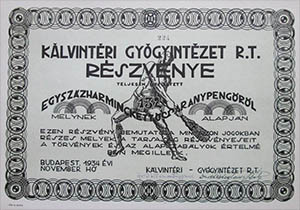 Kálvintéri Gyógyintézet Részvénytársaság részvény 132 aranypengő 1934