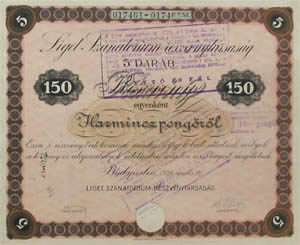 Liget Szanatórium Részvénytársaság részvény 150 pengő 1926