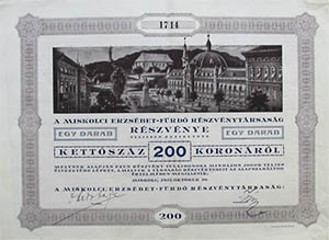 Miskolci Erzsébet-Fürdő Részvénytársaság részvény 200 korona 1923