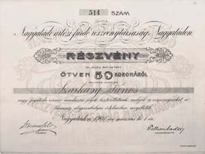 Nagyatdi Artzi Frd Rszvnytrsasg rszvny 50 korona 1907