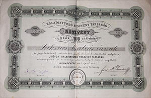 Siófok Balatonfürdő Részvénytársaság részvény 100 forint 1892