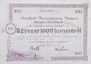 Strandfürdő Részvénytársaság Budapest részvény 100x1000 korona 1923