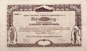 Tihany Balatoni Fürdő- és Gyógytelep Részvénytársaság részvény 10000 korona 1923