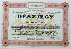 Budapesti Knyvnyomdszok s Betntk Hitelszvetkezete  rszjegy 10 peng 1927