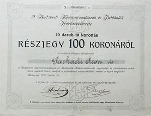 Budapesti Könyvnyomdászok és Betűöntők Hitelszövetkezete részjegy 100 korona 1917