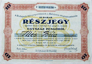 Budapesti Könyvnyomdászok és Betűöntők Hitelszövetkezete részjegy 100 pengő 1927