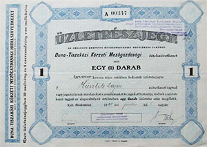 Duna-Tiszakzi Krzeti Mezgazdasgi Hitelszvetkezet zletrszjegy 100000 korona 1925 Kecskemt