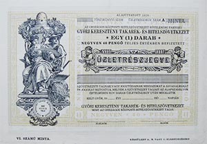 Győri Keresztény Takarék és Hitelszövetkezet üzletrészjegy 40 pengő KNER MINTA