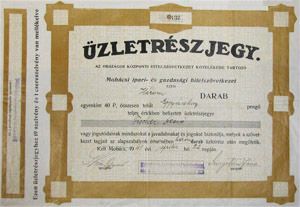 Mohácsi Ipari és Gazdasági Hitelszövetkezet üzletrészjegy 40 pengő 1941 Mohács