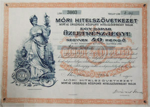 Móri Hitelszövetkezet üzletrészjegy 40 pengő 1932 Mór