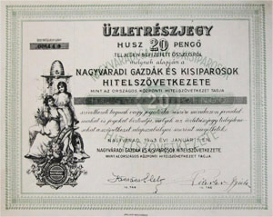 Nagyváradi Gazdák és Kisiparosok Hitelszövetkezete üzletrészjegy 20 pengő 1943 Nagyvárad