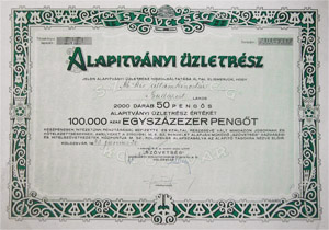 Szövetség Gazdasági és Hitelszövetkezetek Központja alapítványi üzletrész 1000x50 100000 pengő 1943 Kolozsvár