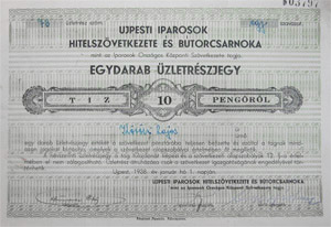 jpesti Iparosok Hitelszvetkezete s Btorcsarnoka zletrszjegy 10 peng 1938 jpest