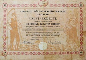 Apostagi Földmívesszövetkezet üzletrészjegy 10 forint 1948 Apostag