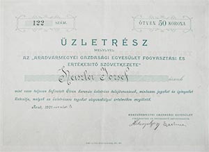 Aradvármegyei Gazdasági Egyesület Fogyasztási és Értékesítő Szövetkezet üzletrész 50 korona 1900 Arad