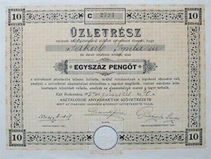 Asztalosok Anyagraktár Szövetkezete üzletrész 100 pengő 1927
