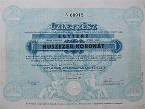 Asztalosok Anyagraktár Szövetkezete üzletrész 20000 korona 1923