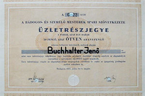Bádogos- és Szerelő Mesterek Ipari Szövetkezete üzletrészjegy 50 aranypengő 1937