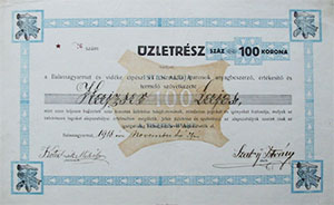 Balassagyarmat és Vidéke Cipész és Csizmadia Iparosok Anyagbeszerző Értékesítő és Termelő Szövetkezete üzletrész 100 korona 1918