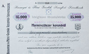 Baranyai s Pcsi Gazdk Szeszfz Szvetkezete ideiglenes trzszletrsz 35000 korona 1925 Pcs