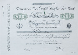 Baranyai s Pcsi Gazdk Szeszfz Szvetkezete trzszletrsz 400 korona 1922 Pcs