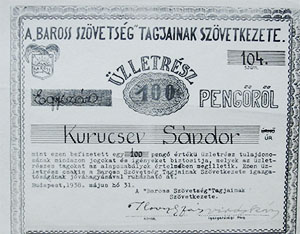 Baross-Szövetség Tagjainak Szövetkezete üzletrész 100 pengő 1938